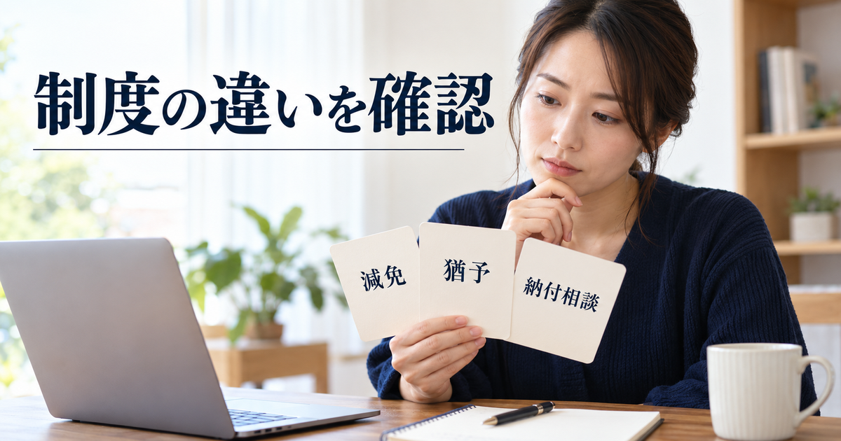 減免・猶予・納付相談のカードで制度の違いを確認する女性