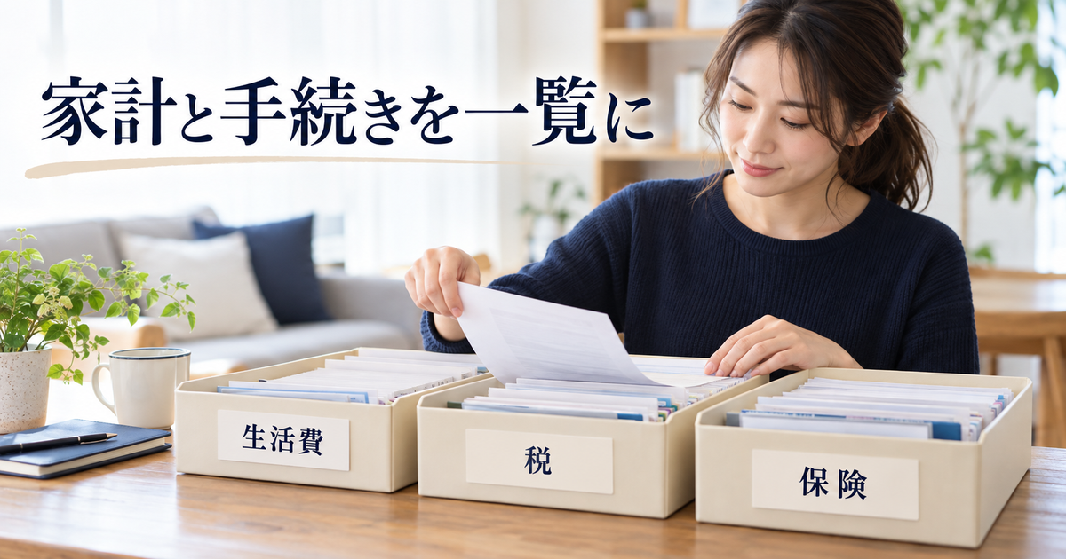 生活費・税・保険の書類を分類して家計を見直す女性
