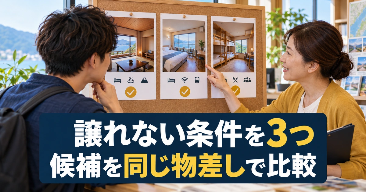 譲れない条件を3つ。候補を同じ物差しで比較を説明する生成イメージ