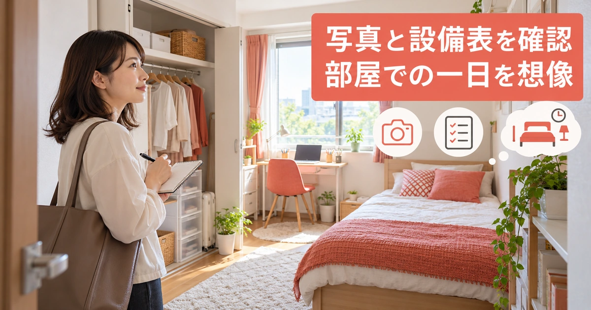 写真と設備表を確認。部屋での一日を想像を説明する生成イメージ