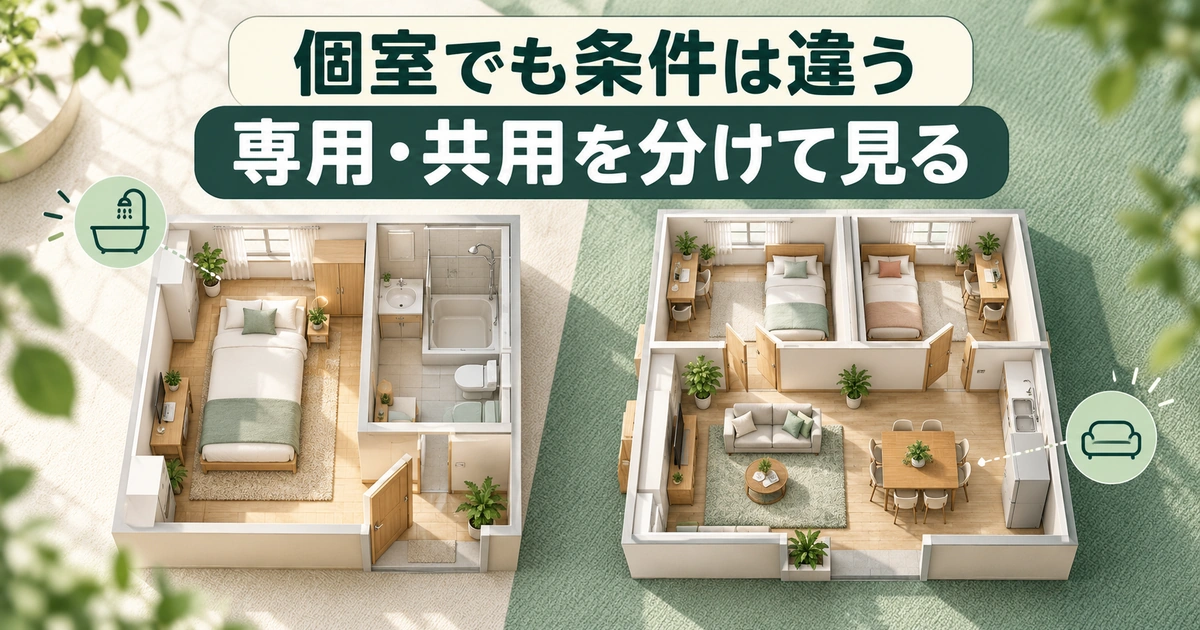 個室でも条件は違う。専用・共用を分けて見るを説明する生成イメージ