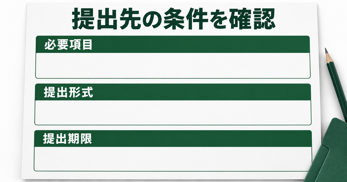 提出先に必要な項目、形式、期限を確認して記録するための図
