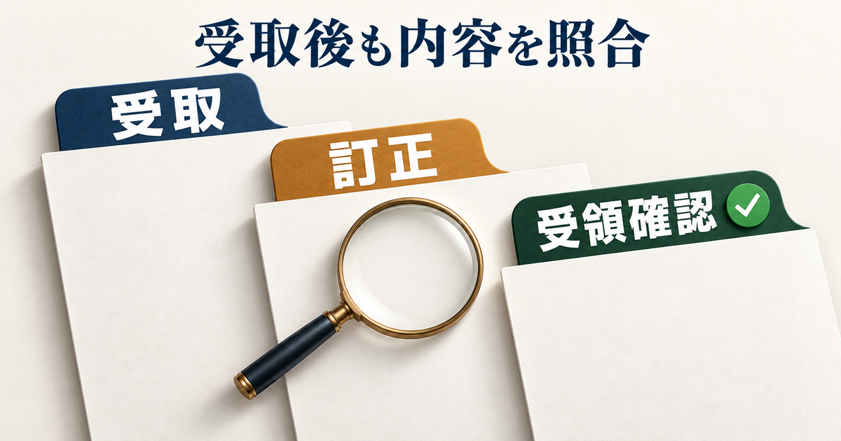 書類を受け取った後に内容を照合し、必要な訂正と提出先の受領確認まで進める図