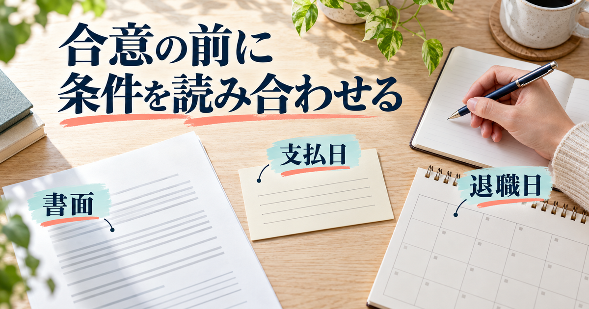 退職日・支払予定・合意書の内容を確認するイメージ