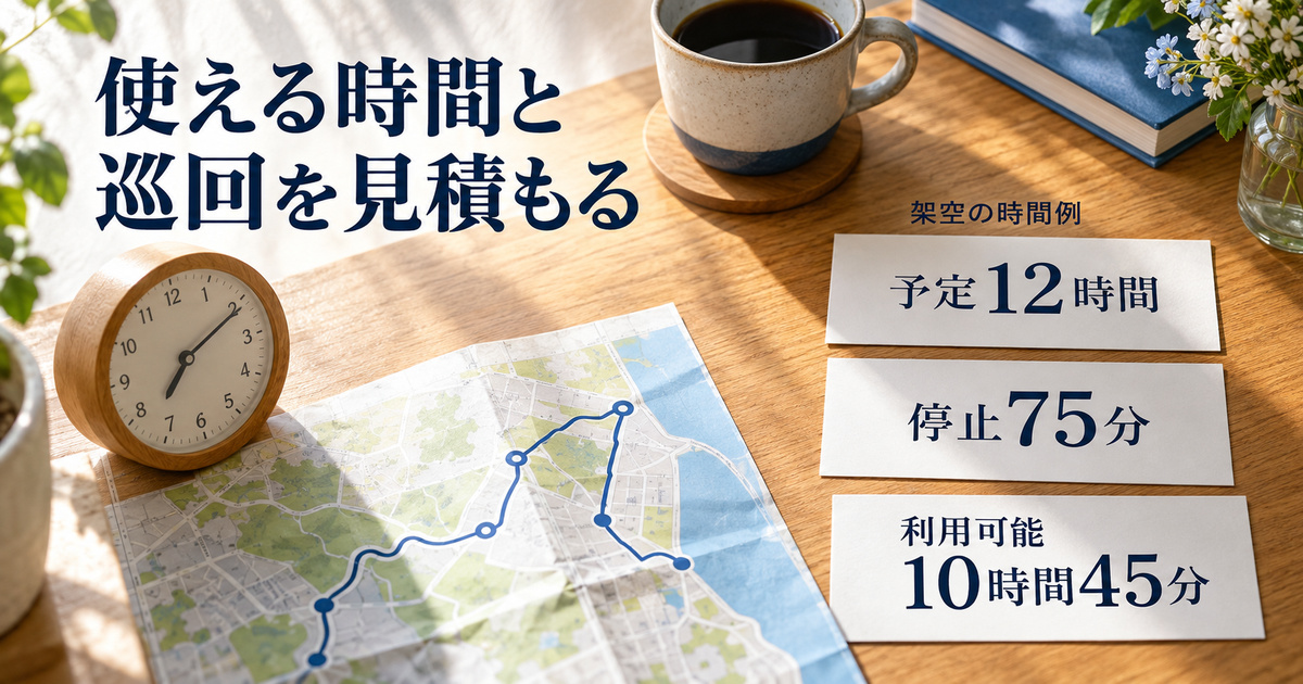 架空の時間例として予定12時間から停止75分を引き、利用可能10時間45分と示す管理計画