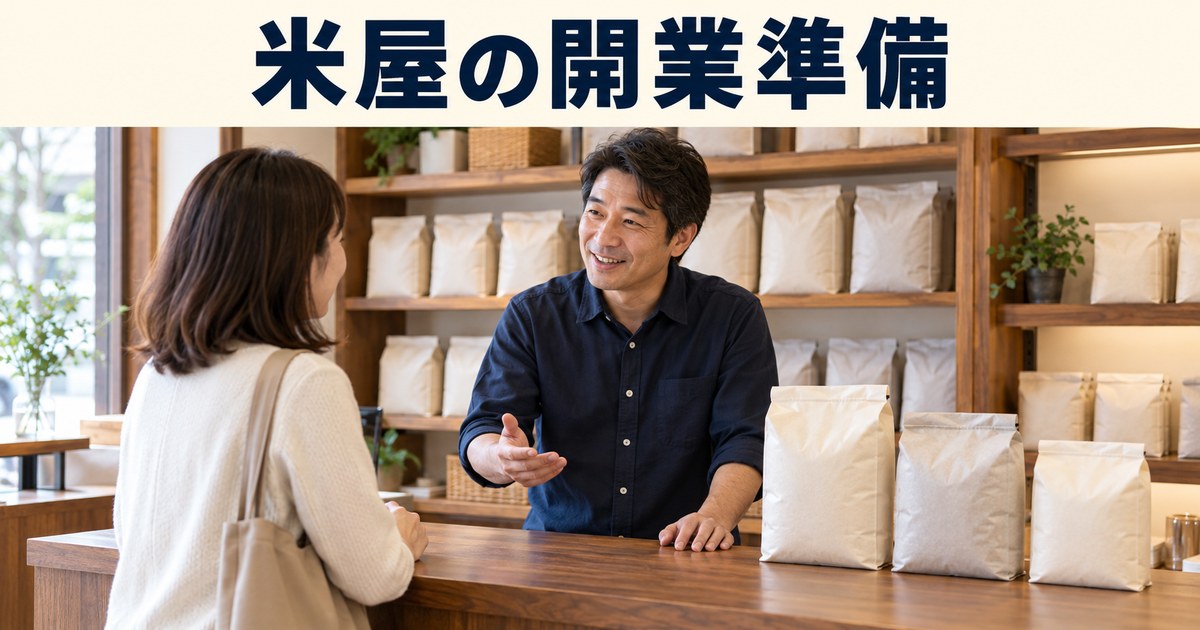 米屋の店主と成人客が包装された精米について相談するイメージ