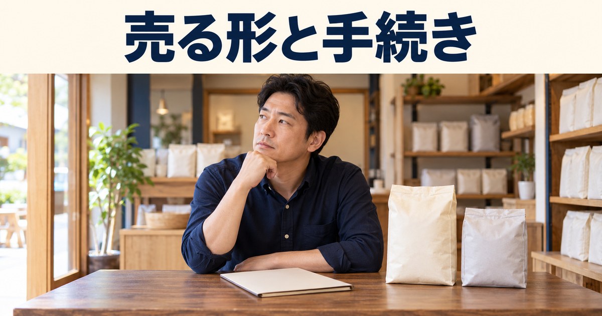 店主が米屋の販売計画と確認事項を整理するイメージ