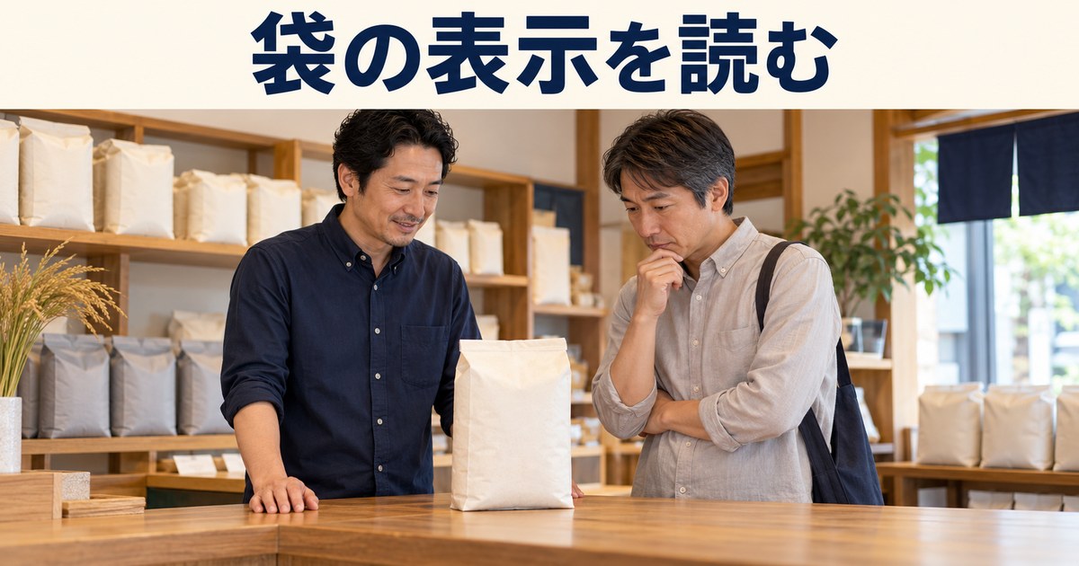 店主と成人客が袋の商品情報を確認するイメージ