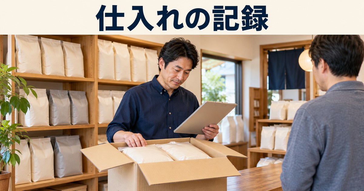 店主が納品された精米と仕入れの記録を確認するイメージ