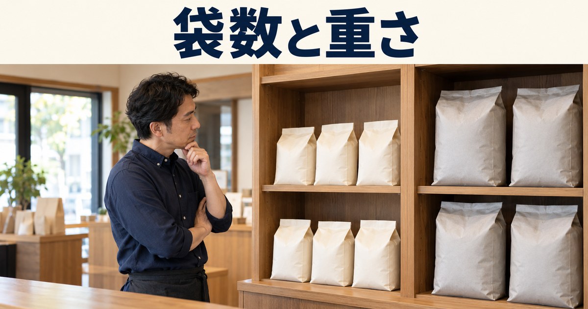 店主が容量の異なる袋の置き場を確認するイメージ