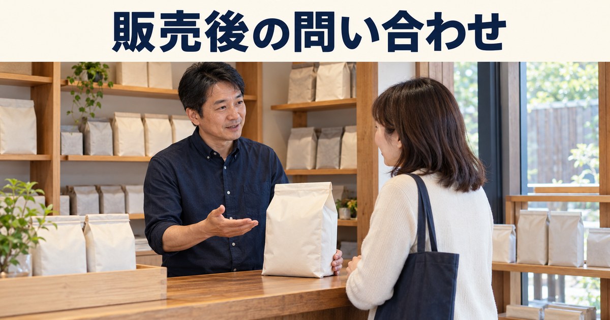 店主と成人客が購入した精米について話すイメージ