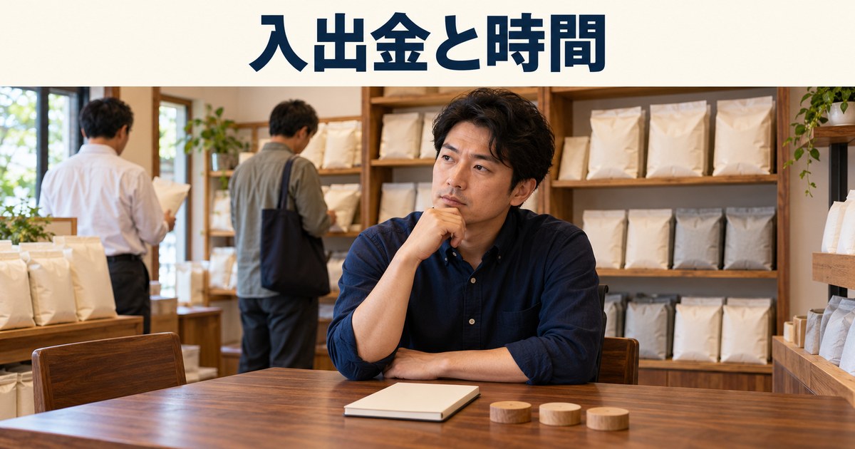 店主が米屋の販売と日々の作業を見直すイメージ