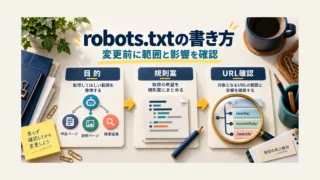 robots.txtの変更前に、取得してほしい範囲という目的、規則案、URLごとの影響を机上で確認する図。架空の教材であり、閲覧権限の保護や検索結果からの削除を保証するものではありません。