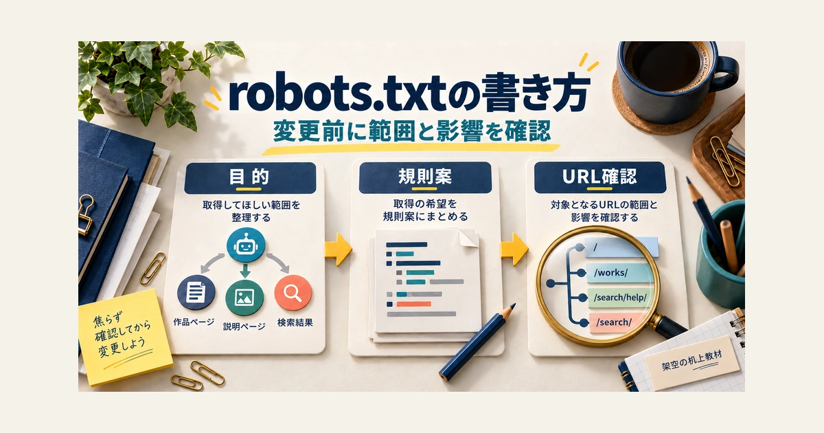 robots.txtの変更前に、取得してほしい範囲という目的、規則案、URLごとの影響を机上で確認する図。架空の教材であり、閲覧権限の保護や検索結果からの削除を保証するものではありません。