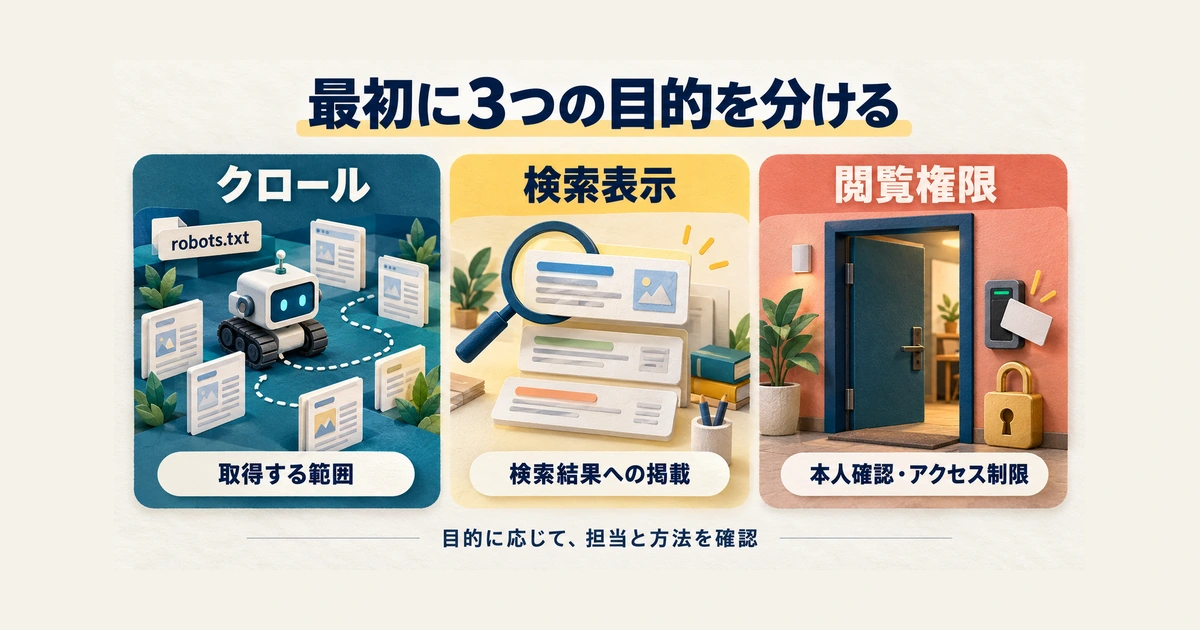 クロールの取得範囲、検索結果への掲載、本人確認とアクセス制限による閲覧権限を三つに分けた概念図。robots.txtは左のクロールに対応し、鍵は閲覧権限の列だけにあります。