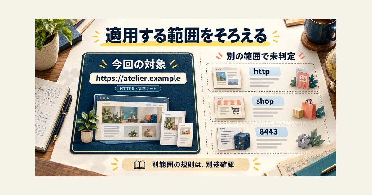今回の対象https://atelier.exampleを、HTTP側、shopサブドメイン、8443ポートと分けた適用範囲図。三つの別範囲は許可ではなく未判定で、各範囲の規則を別途確認します。標準443やホスト名の大文字表記を別範囲とする図ではありません。
