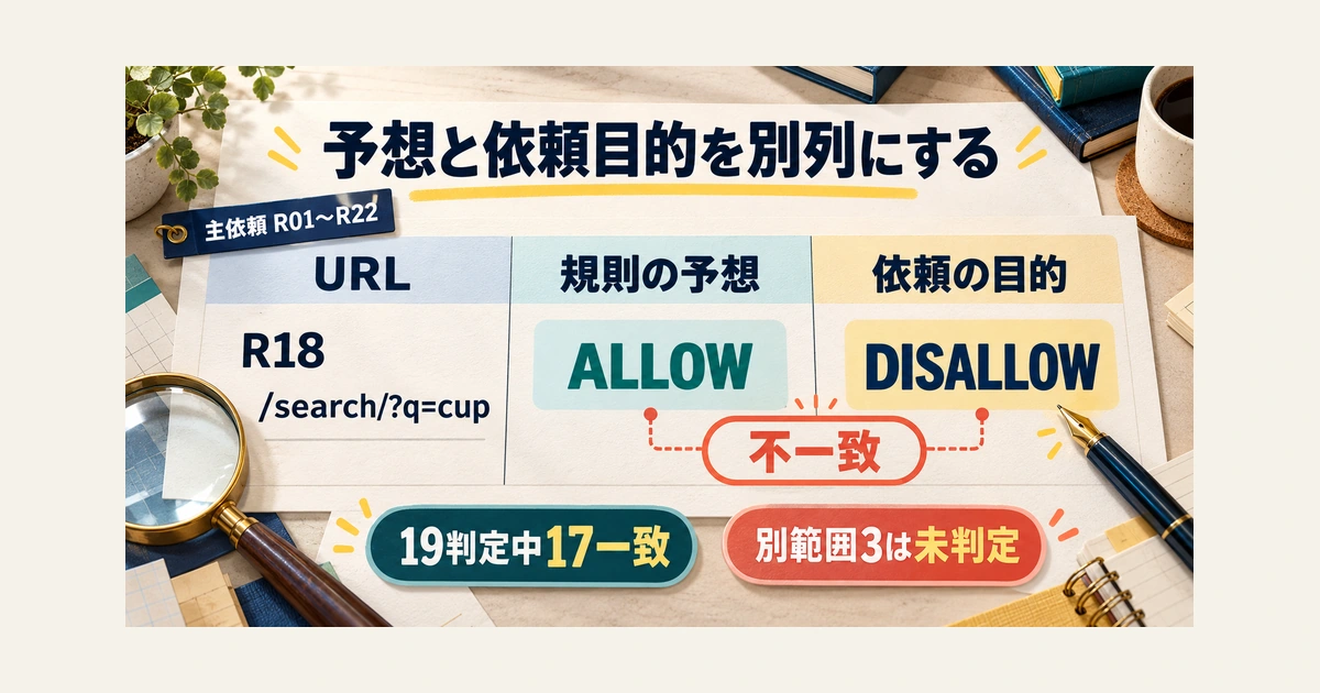主依頼R01からR22の確認票。R18の/search/?q=cupは規則の予想がALLOW、依頼目的がDISALLOWで不一致です。主依頼の判定対象19件中17件が一致し、別範囲3件は未判定です。R18とR20が不一致で、独立演習10件や固定32例の期待一致を本番安全合格に加算しません。