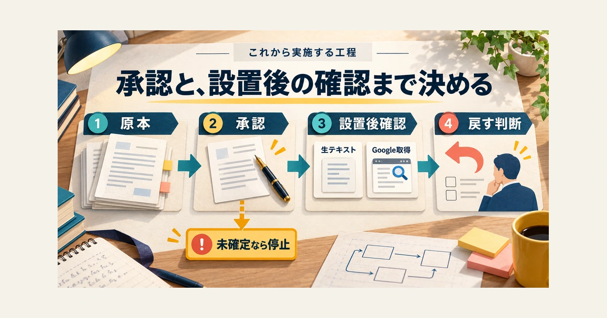 今後実施する工程を、原本の控え、承認、設置後確認、戻す判断の四段階で示した計画図。承認が未確定なら停止します。設置後には生テキストとGoogle取得を別々に確認します。空欄のチェック欄は実施済みを表しません。
