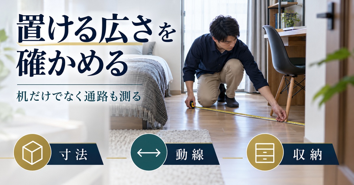 机だけでなく通路も測り、寸法・動線・収納から置ける広さを確かめる。