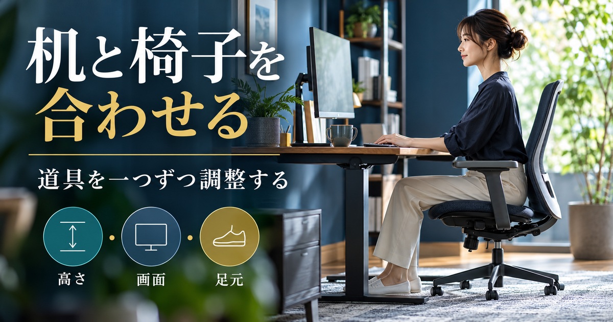 高さ・画面・足元を確認し、机と椅子を組み合わせて調整する。