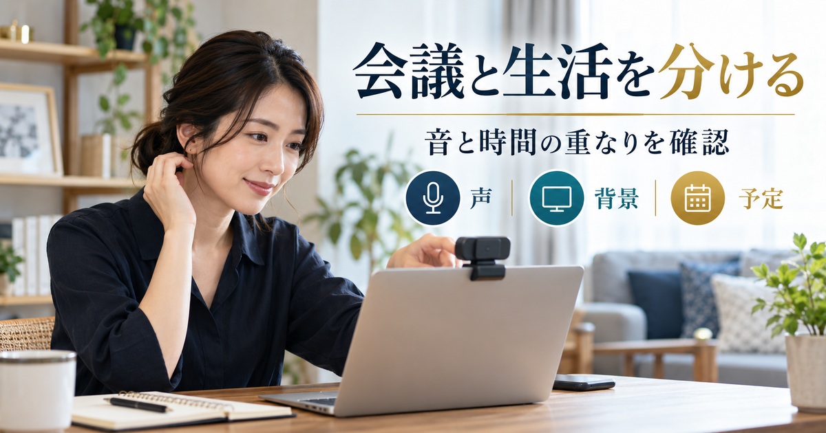 会議と生活の音や時間の重なりを、声・背景・予定から確認する。