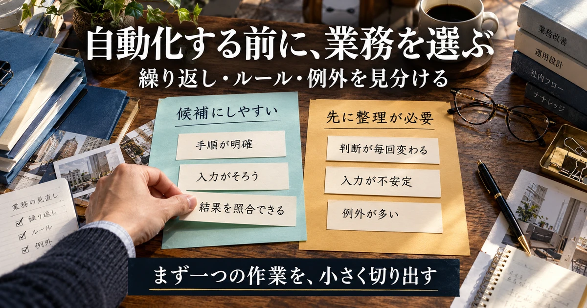 自動化候補にしやすい業務と、判断や入力の整理が必要な業務を比較する説明用生成画像