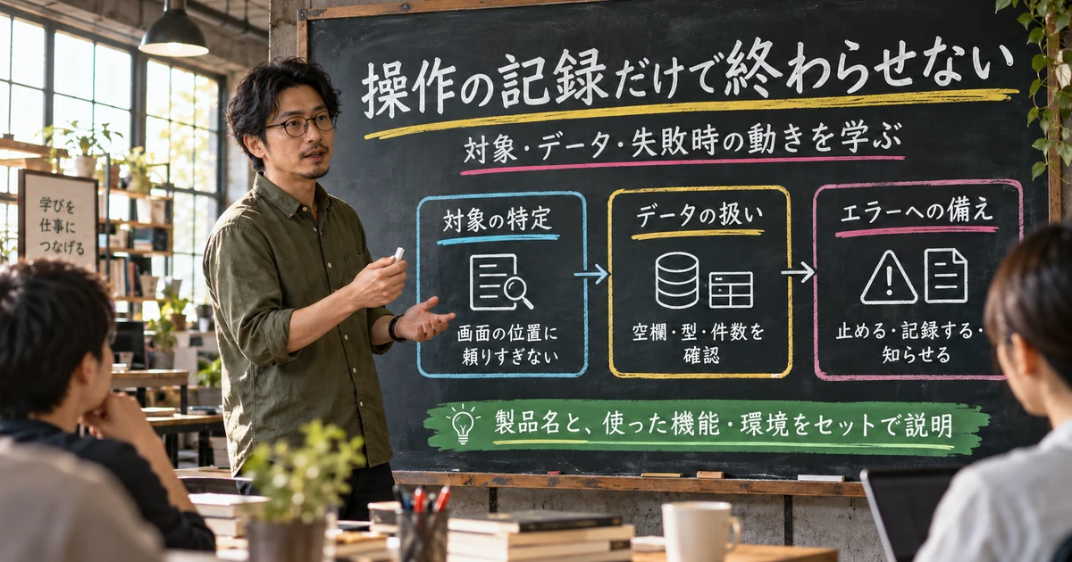 RPAの操作対象、データの扱い、エラーへの備えを学ぶ説明用生成画像