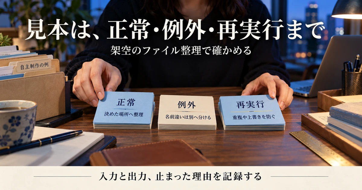 架空のファイル整理で正常処理、例外、再実行の確認を行う説明用生成画像