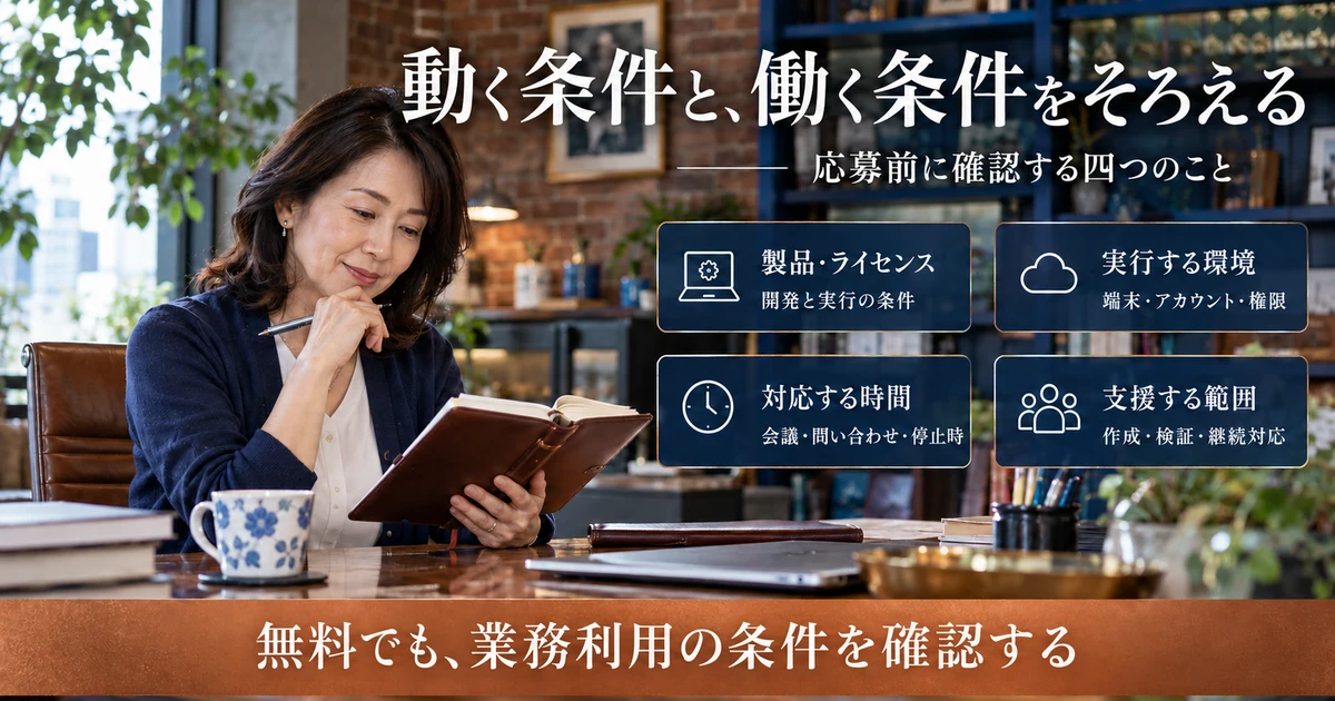 RPA案件の製品とライセンス、実行環境、時間帯、支援範囲を確認する説明用生成画像