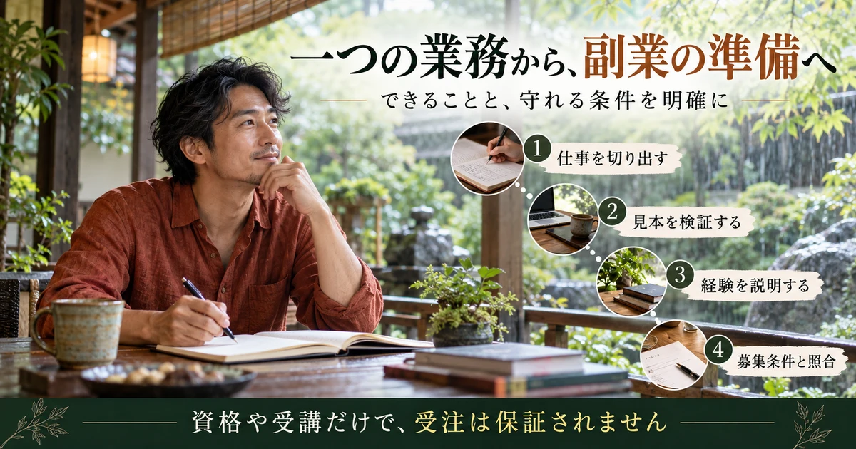 業務の切り出し、見本の検証、経験説明、募集条件の照合の4段階を示す説明用生成画像