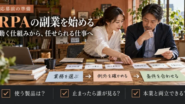 RPA副業へ向けて業務選び、例外確認、条件の照合を進める説明用生成画像
