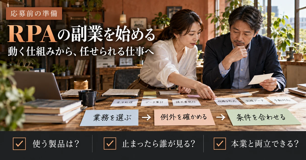 RPA副業へ向けて業務選び、例外確認、条件の照合を進める説明用生成画像