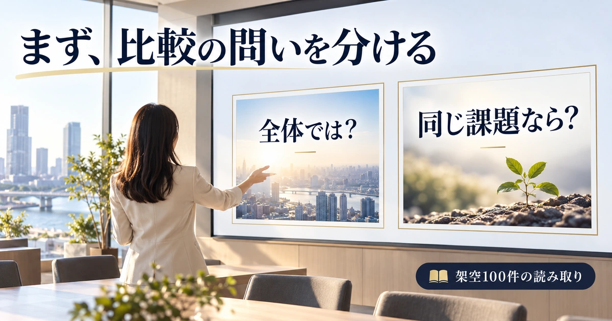全体での比較と同じ課題での比較という二つの問いを示す説明画像