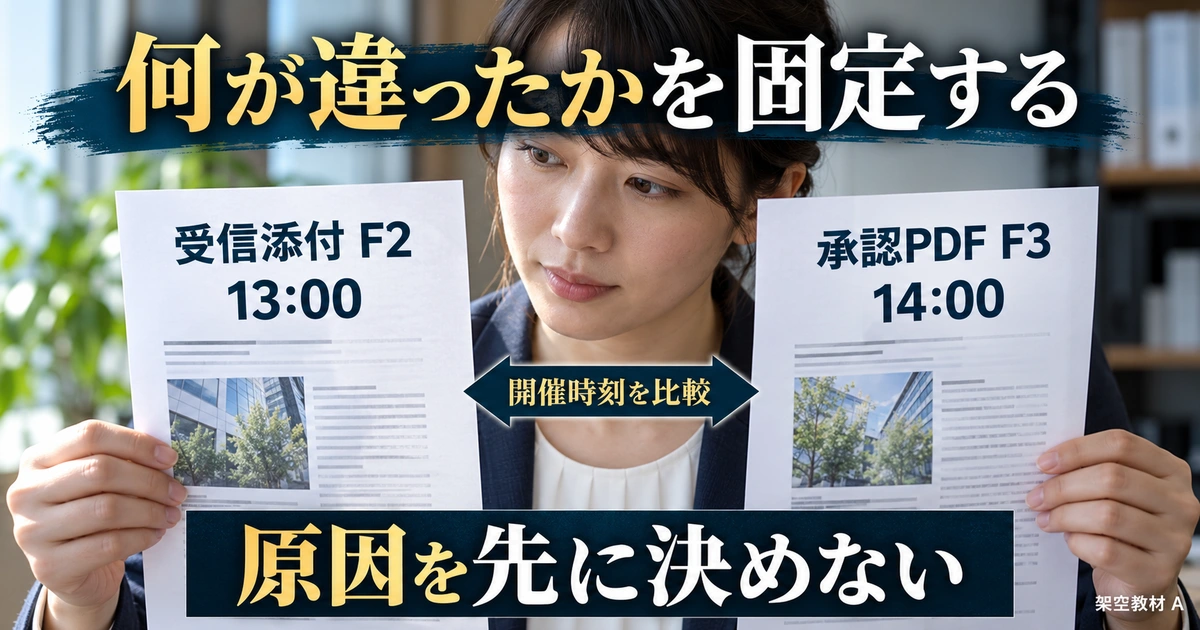 受信添付F2の13時と承認PDF F3の14時を比較する架空教材