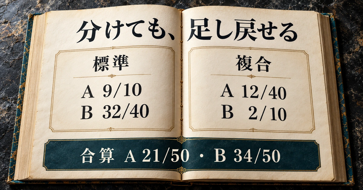 標準A9/10・B32/40、複合A12/40・B2/10を足すと合算A21/50・B34/50になる