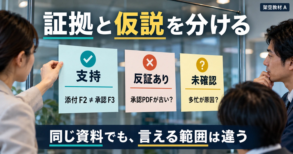本件Aの仮説を支持、反証あり、未確認へ分ける図
