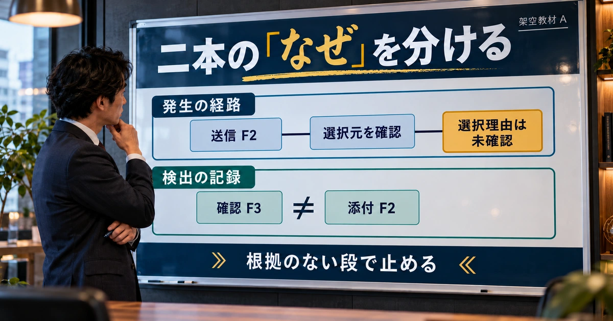 発生の経路と検出の記録を分け、選択理由を未確認にする図