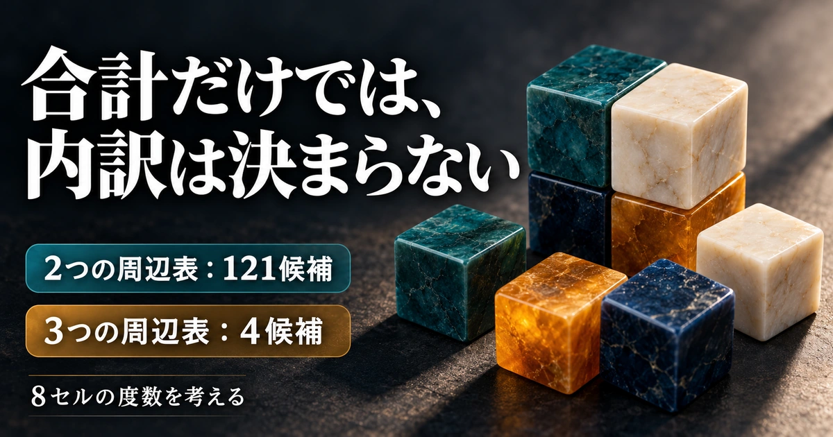 八セルの度数の候補は二つの周辺表で121通り、三つの周辺表で4通り残ることを示す。ブロックは概念イメージ