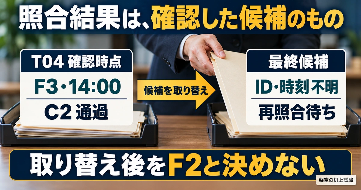 T04の確認時点F3と取り替え後の最終候補不明を区別する図
