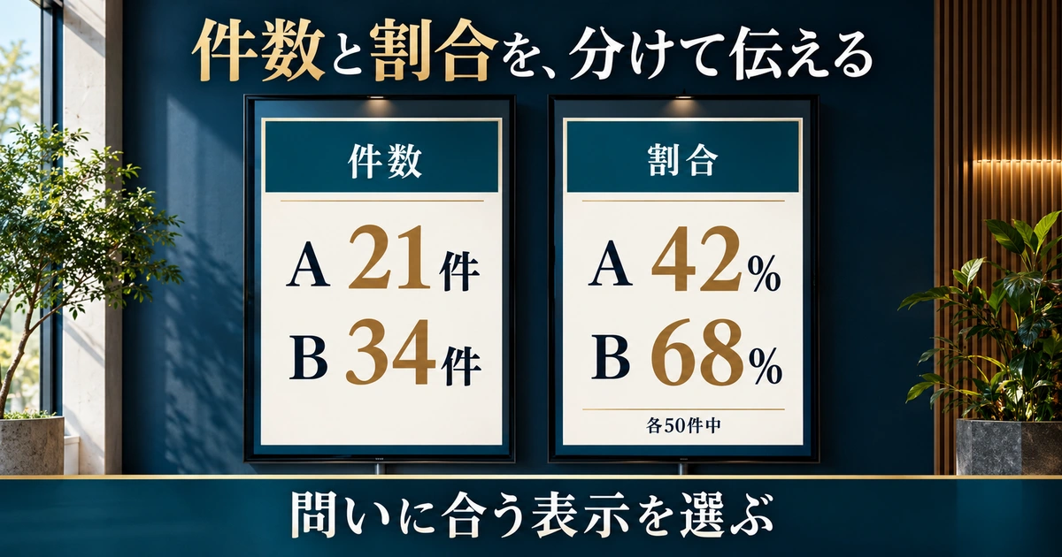 カード各50件の完了件数A21件・B34件と完了割合A42%・B68%を別々に表示する例