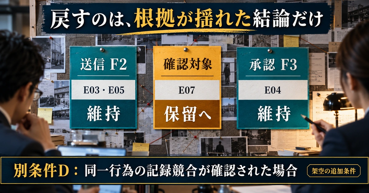 別条件Dで送信と承認の結論を維持し確認対象だけを保留へ戻す図