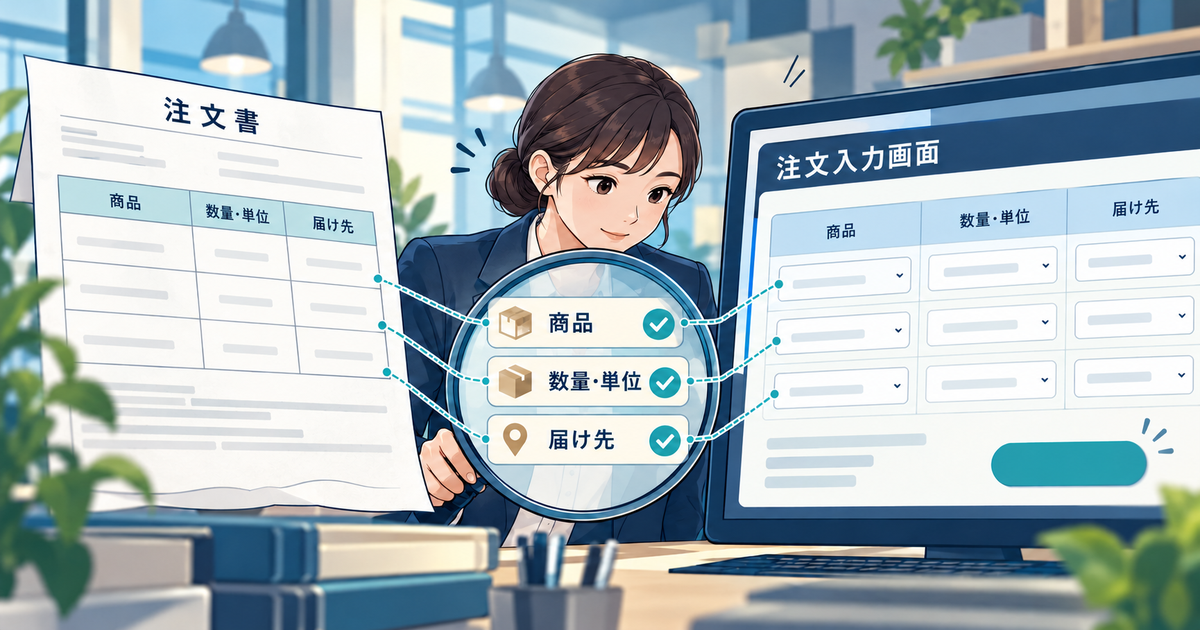 注文書と入力内容の商品・数量単位・届け先を照合するイメージ