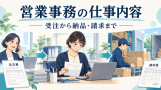 ノートの注文から納品・請求までの連携を確認する営業事務のイメージ