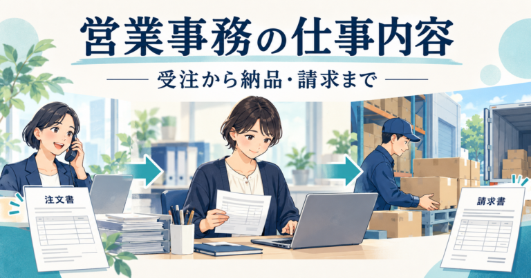 ノートの注文から納品・請求までの連携を確認する営業事務のイメージ