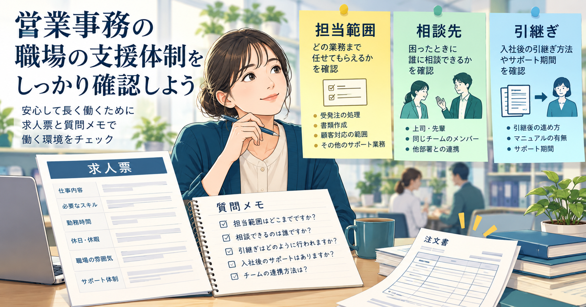 営業事務の求人票から担当範囲・相談先・引継ぎを確認するイメージ