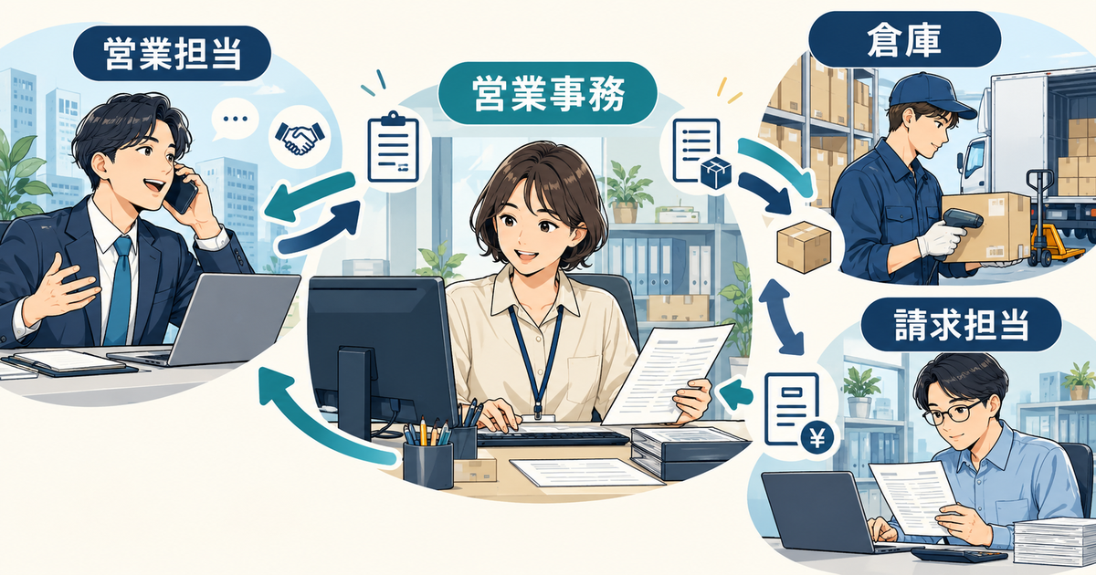 営業担当・営業事務・倉庫・請求担当が情報を受け渡す架空の分担