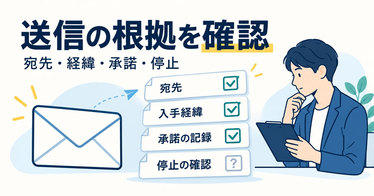 営業メールの宛先、入手経緯、承諾の記録、停止の確認をそろえる図