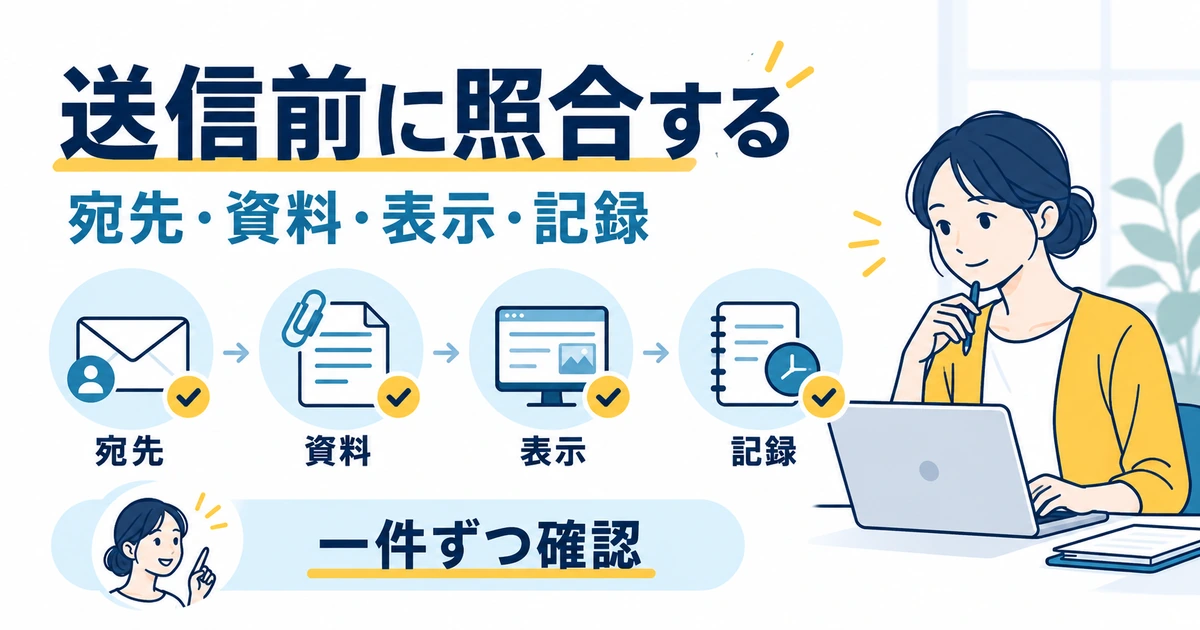 営業メールの宛先、資料、表示、記録を一件ずつ照合する図