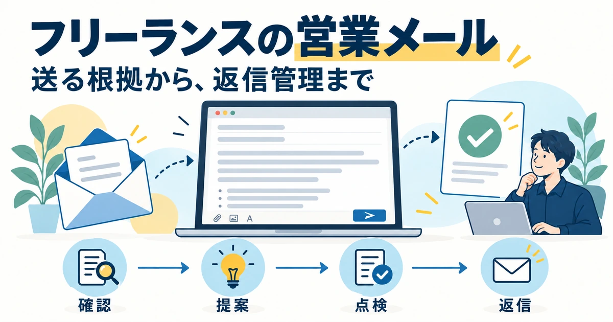 送信根拠の確認、提案、送信前点検、返信管理を順に進めるフリーランスの営業メール