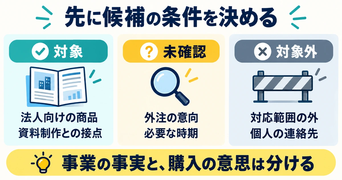 法人候補を対象・未確認・対象外に分け、事業の事実と購入意思を区別する条件票